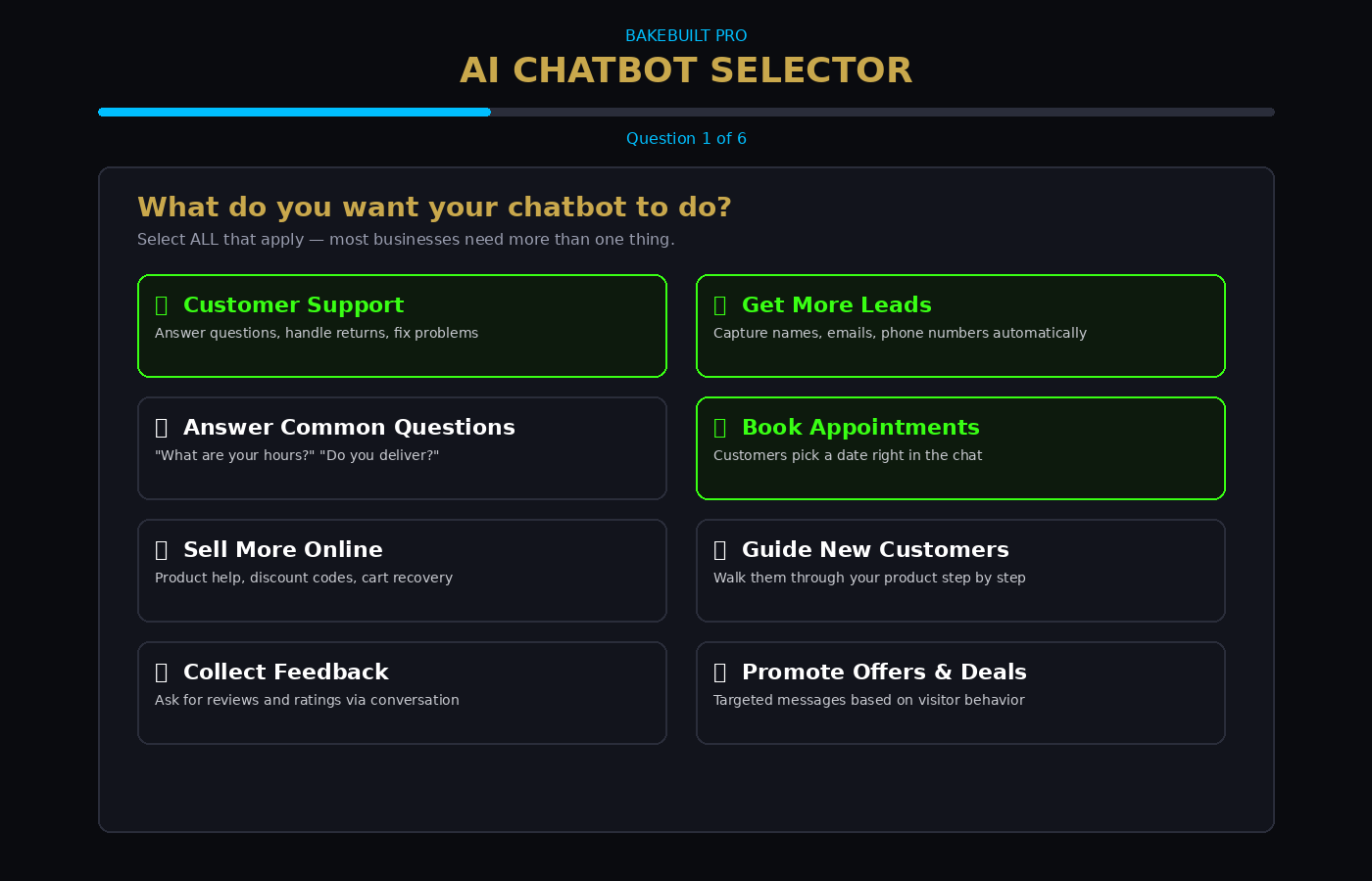 AI Chatbot Selector — quiz with plain-English explanations