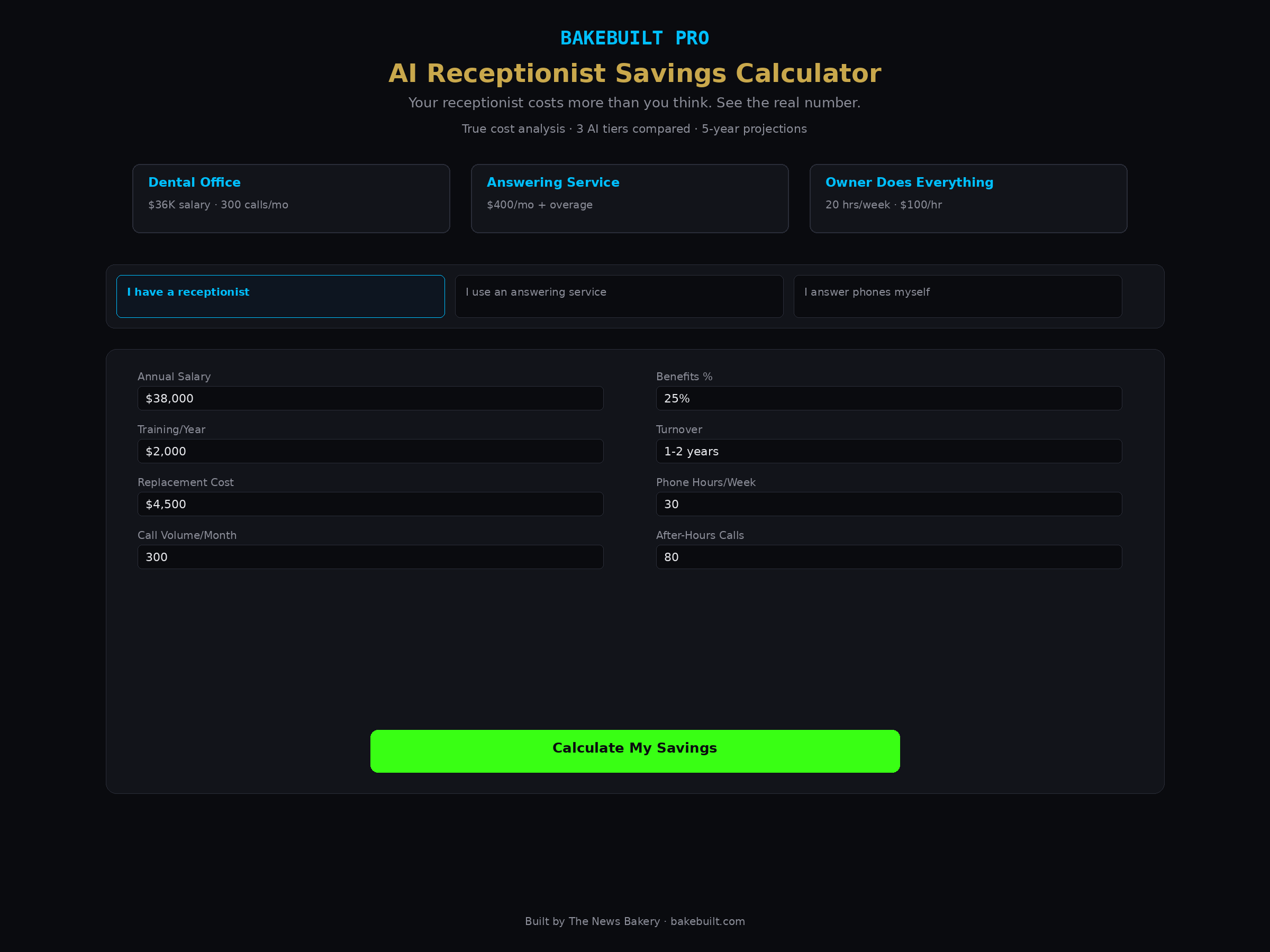 AI Receptionist Savings — input form with presets