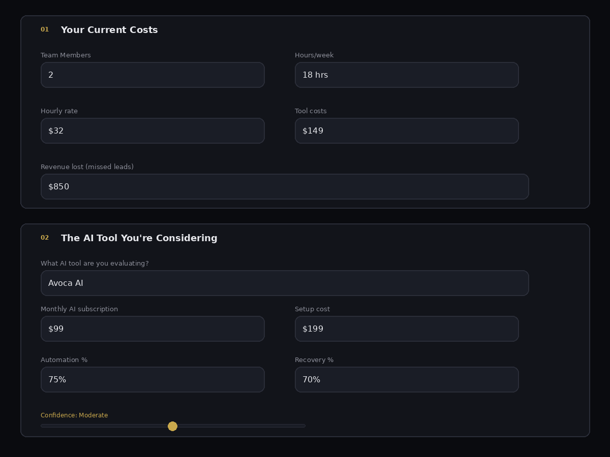 AI Tool ROI Calculator — input sections with smart defaults