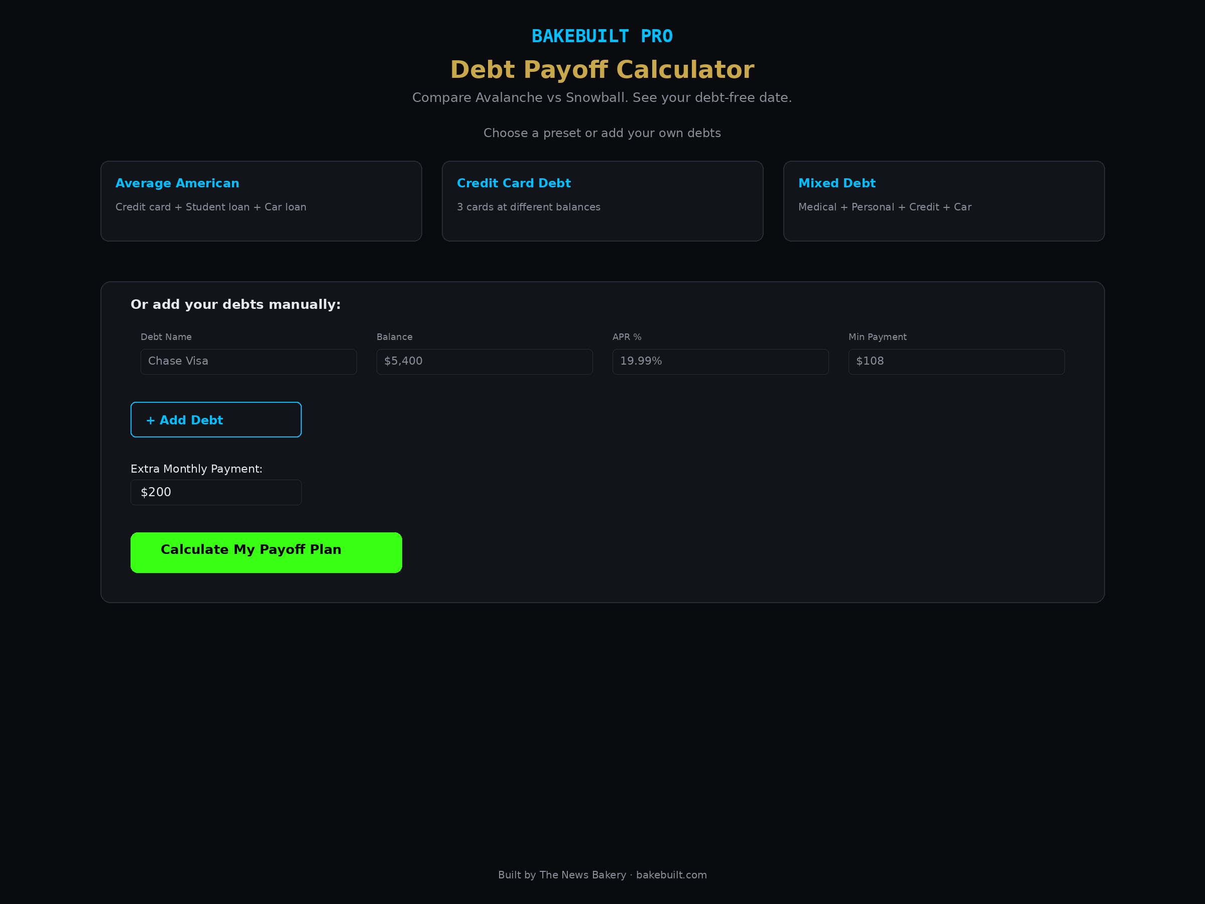 Debt Payoff Calculator — preset scenarios and debt entry