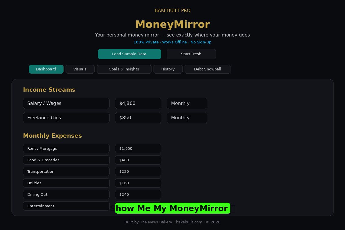 MoneyMirror — dashboard input with income and expense entry