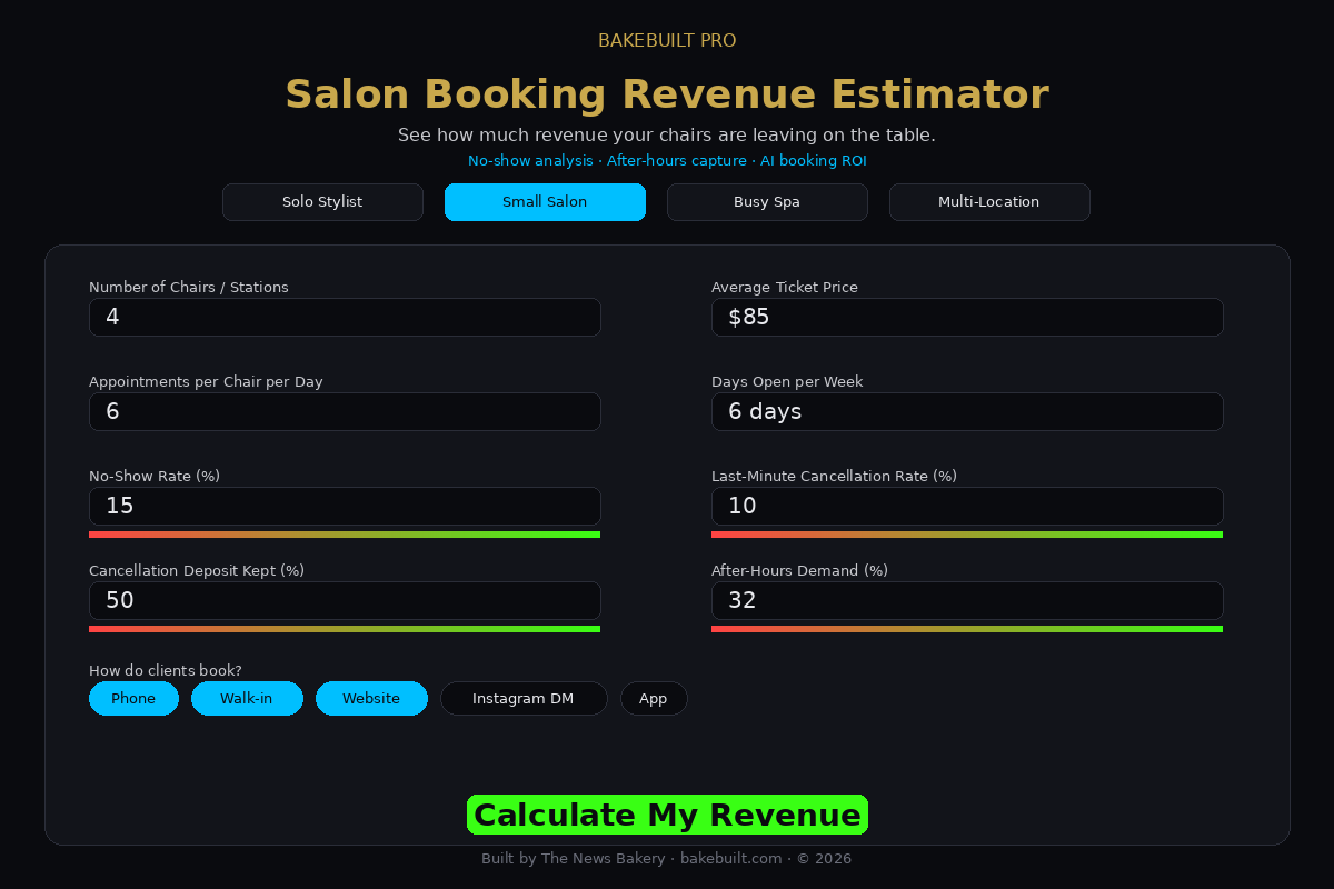 Salon Booking Estimator — input form with 4 salon presets