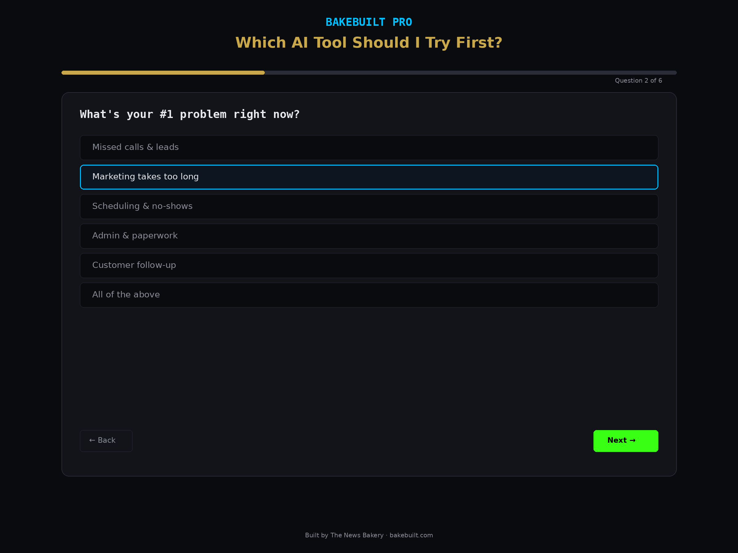 Which AI Tool — pain point question with answer selection