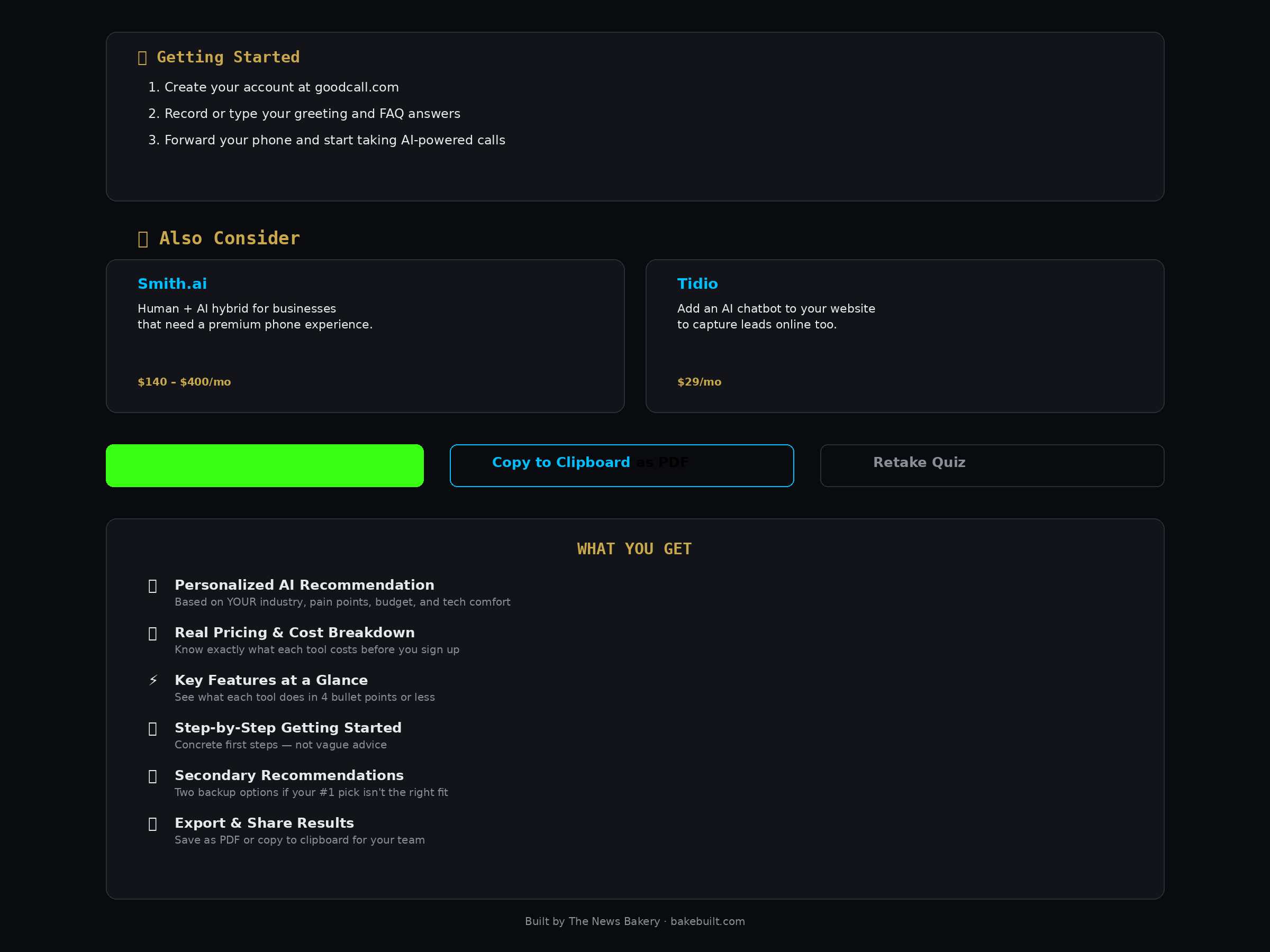 Which AI Tool — secondary recommendations and export options